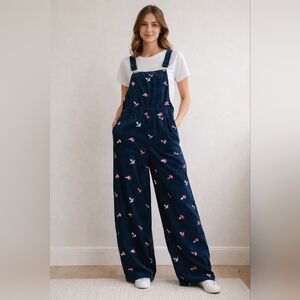 Cider Dark Green Mushrooms Print Wide-Leg Overalls Jumpsuit